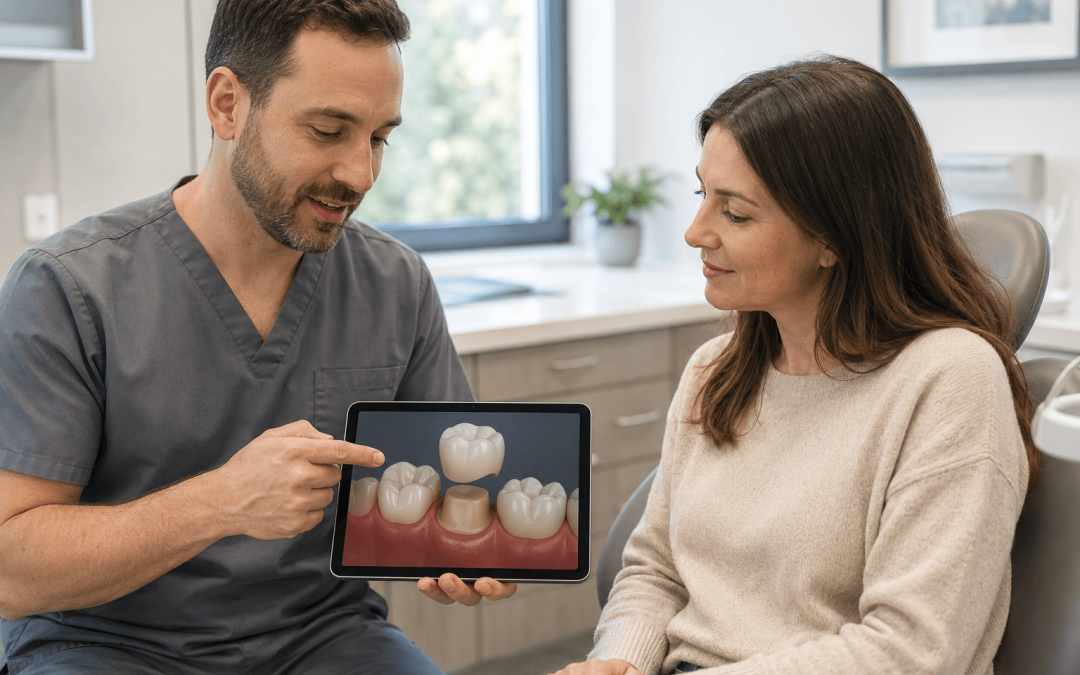 Dentist reviewing a digital model for a same-day dental crown with an adult patient.