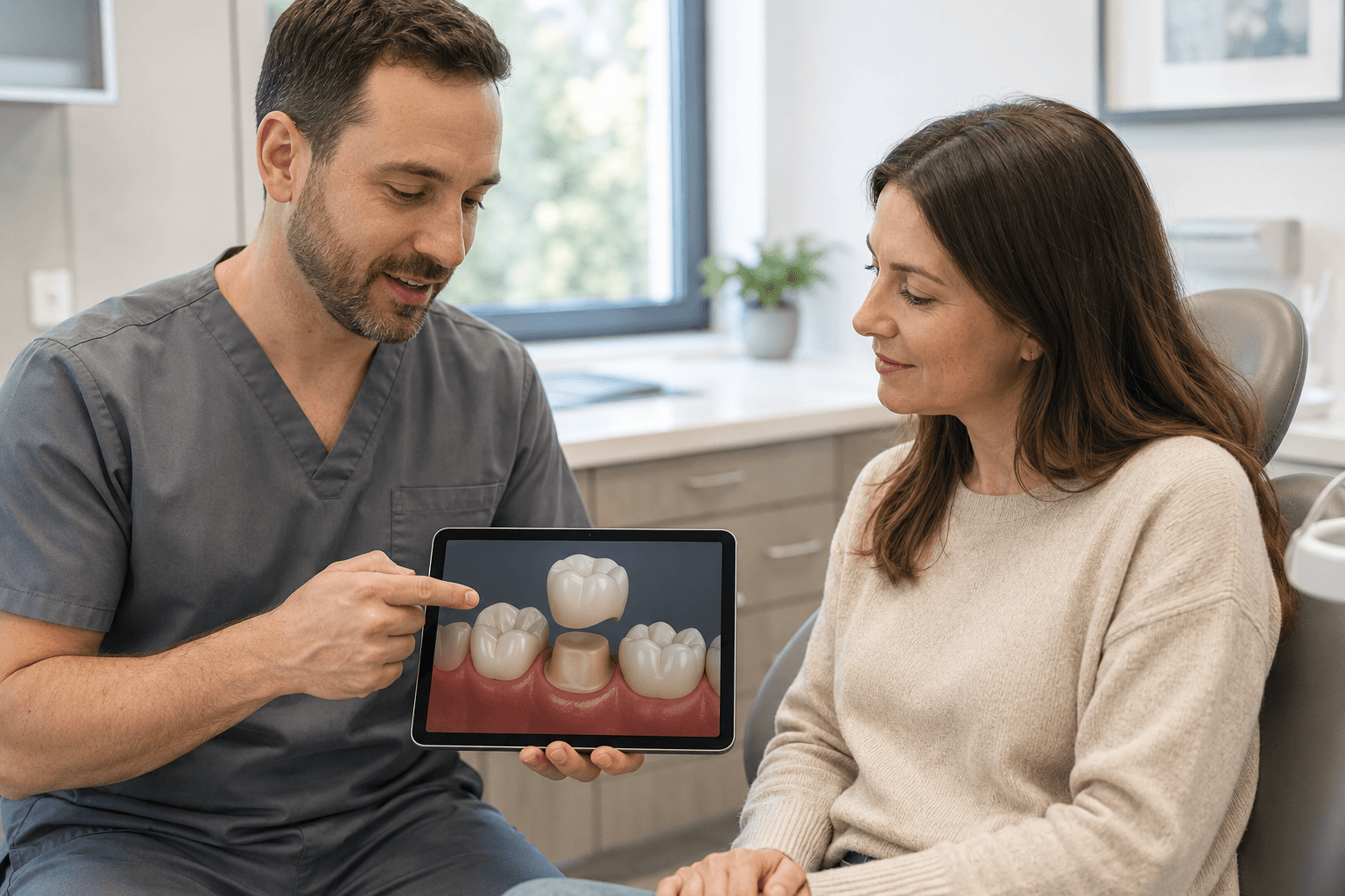 Dentist reviewing a digital model for a same-day dental crown with an adult patient.