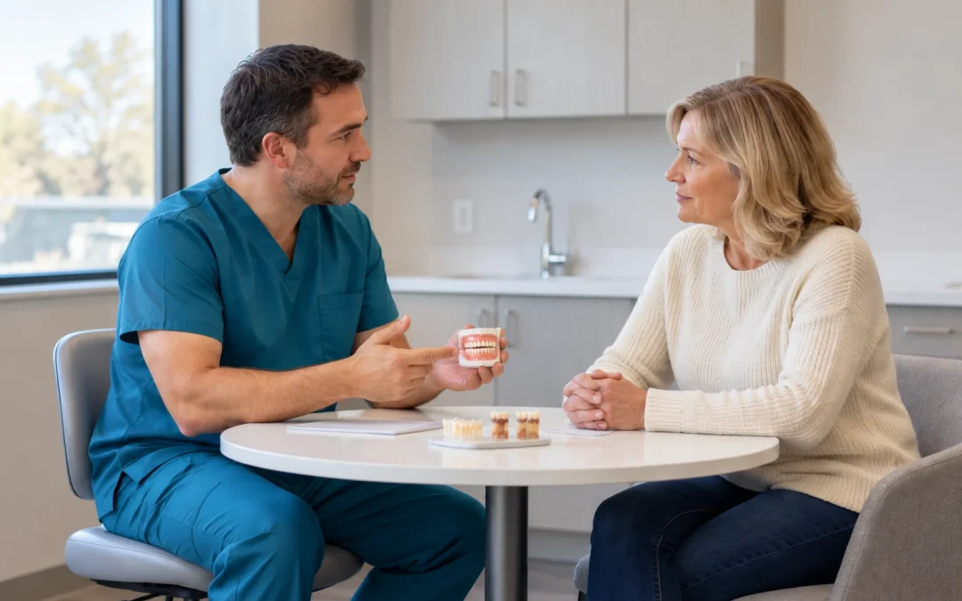 Dentist showing a dental model to a patient during a consultation about tooth replacement.