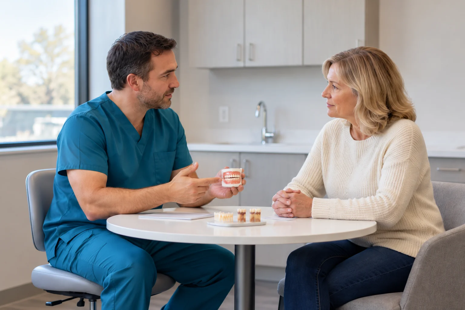 Dentist showing a dental model to a patient during a consultation about tooth replacement.